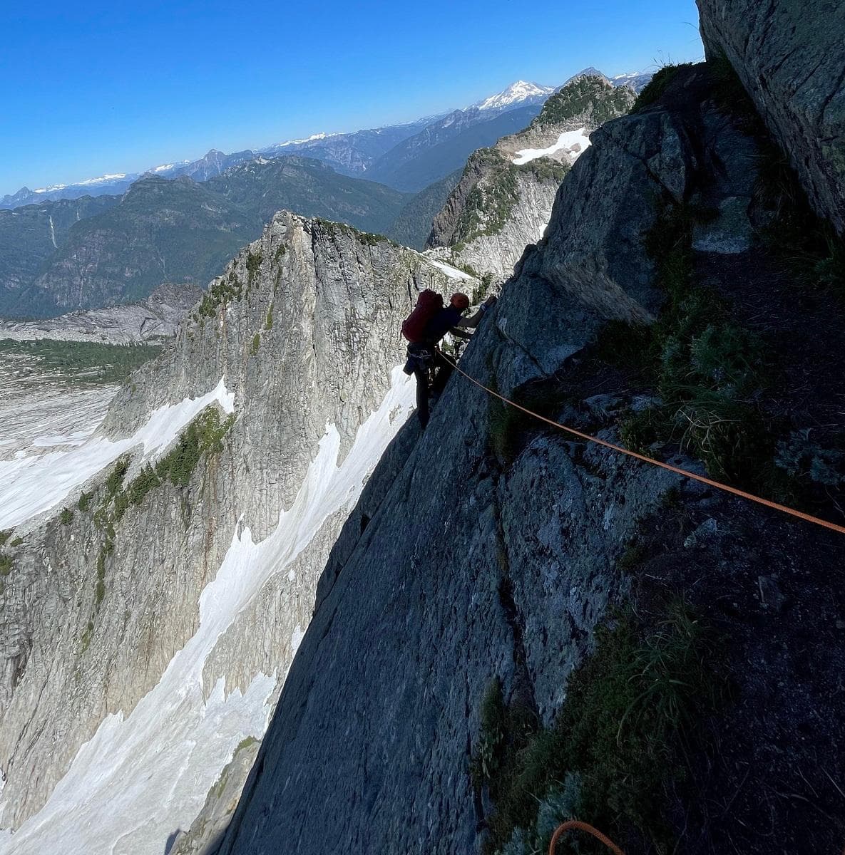 Warning: This climber risks a pendulum swing if they fall